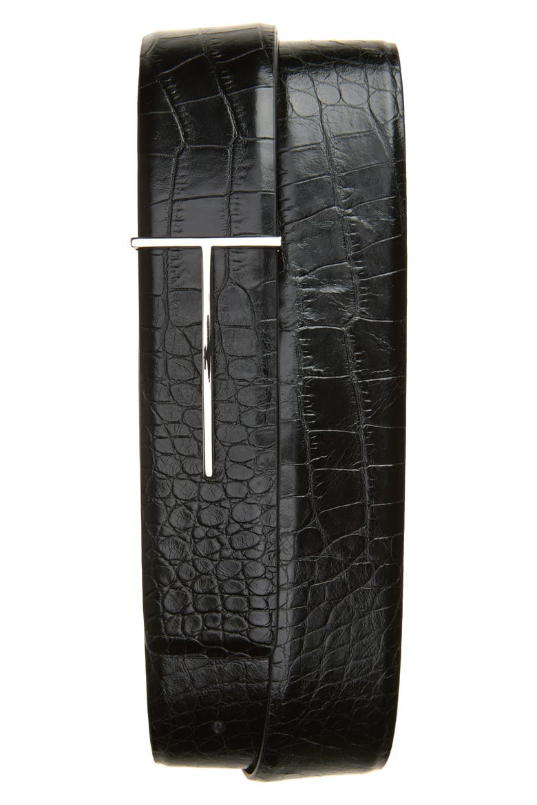 T-Buckle Croc Embossed Reversible Leather Belt, Main, color, BLACK