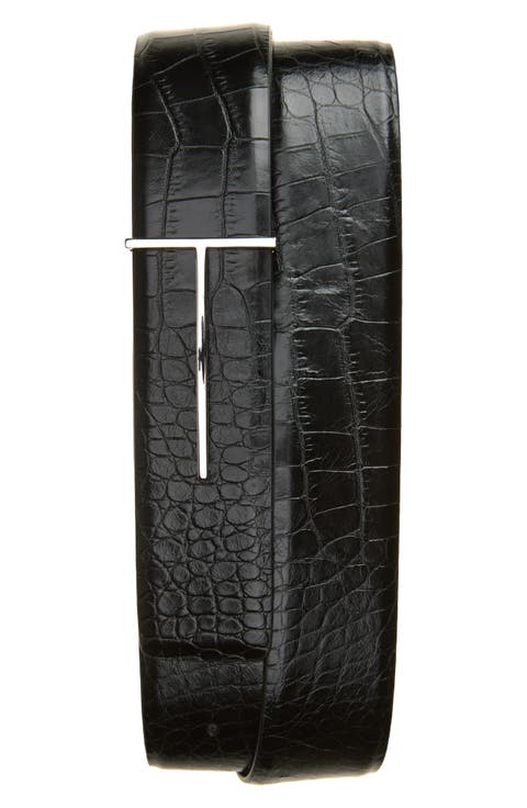 T-Buckle Croc Embossed Reversible Leather Belt