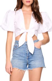 Susana Monaco Bubble Sleeve Tie Front Cotton Poplin Top