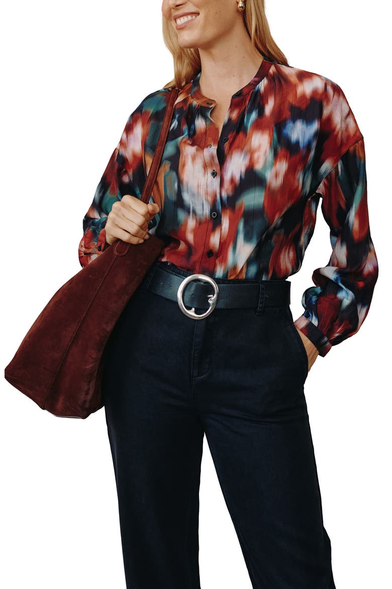 Split Neck Button Down Shirt, Alternate, color, BLURRED FLORAL PRINT