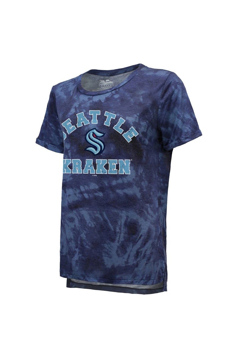 Women's Majestic Threads Deep Sea Blue Seattle Kraken Boyfriend Tie-Dye T-Shirt, Alternate, color, Navy