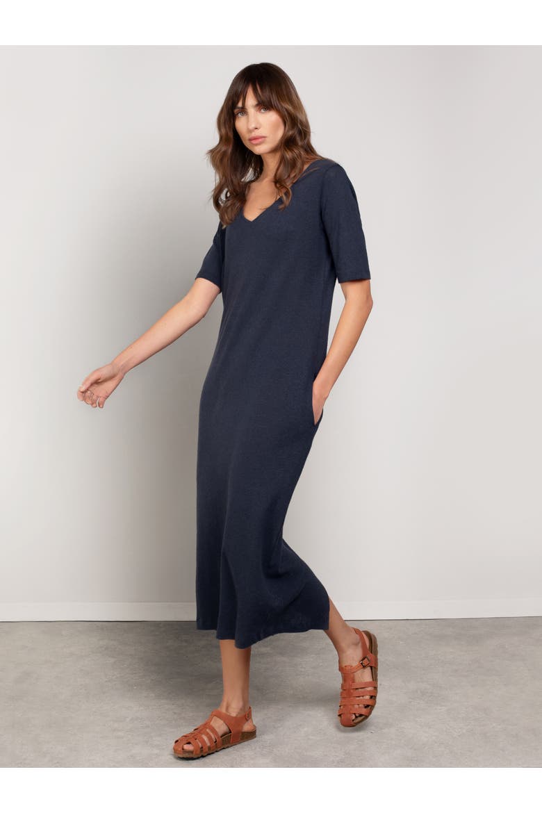 Linen Blend Midi Dress, Alternate, color, NAVY