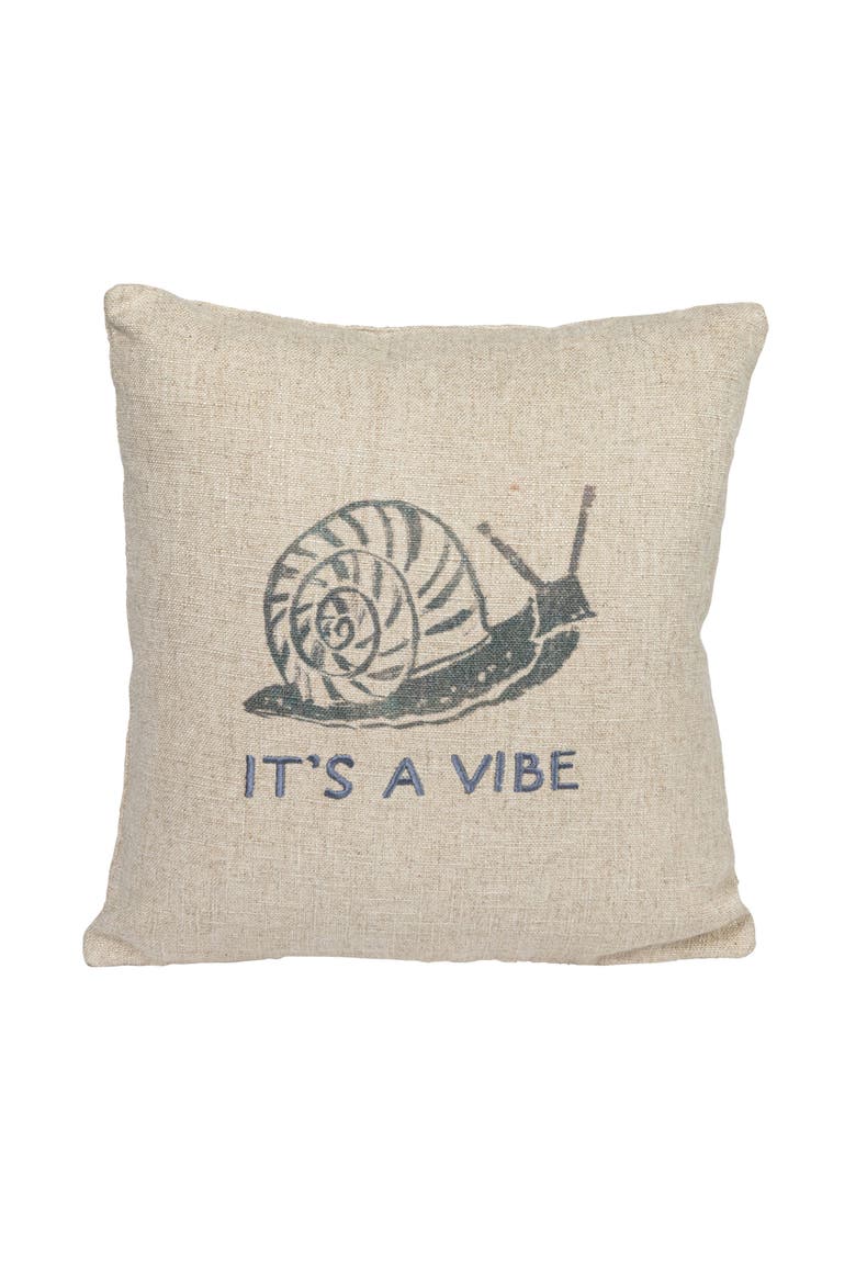 16-Inches Square Linen Blend Printed Pillow with Snail and "It's a Vibe" Text Embroidery, Natural and Gray, Alternate, color, Natural