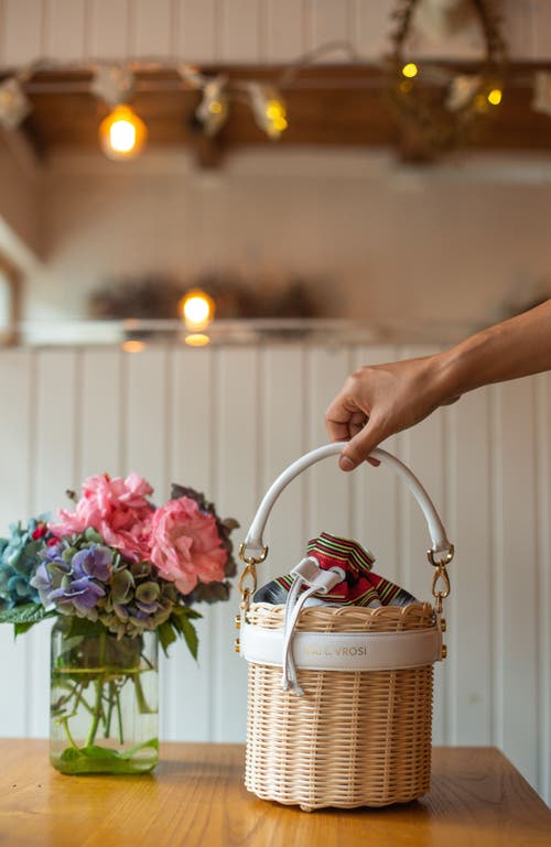 Kai & Vrosi K'ai & Vrosi Leather & Straw Bucket Bag With Drawstring In White