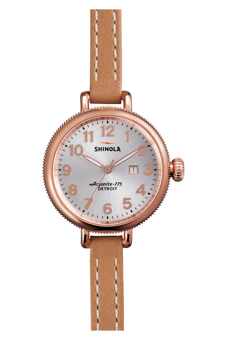 The Birdy Leather Strap Watch, 34mm, Main, color, NATURAL/ SILVER/ ROSE GOLD