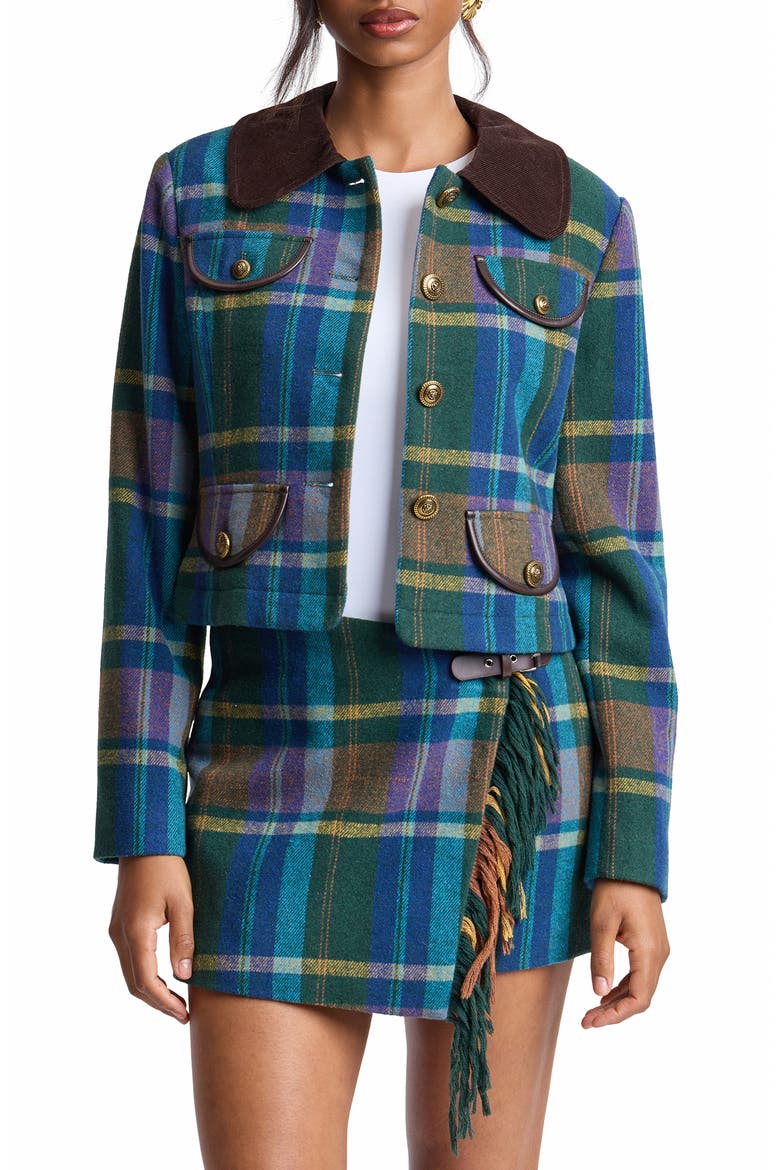 Plaid Jacket with Faux Leather Trim, Main, color, GREEN MULTI