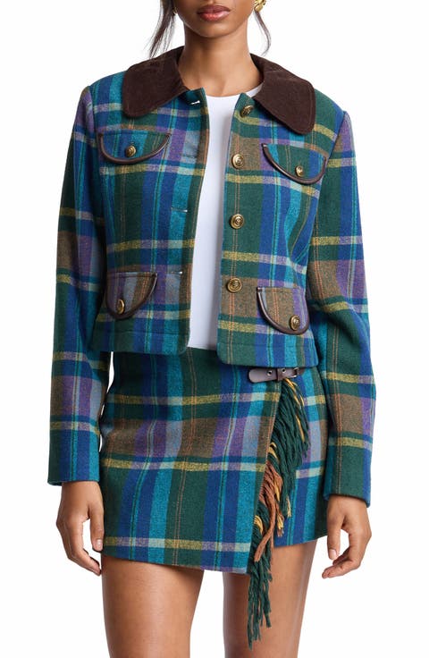 Plaid Jacket with Faux Leather Trim