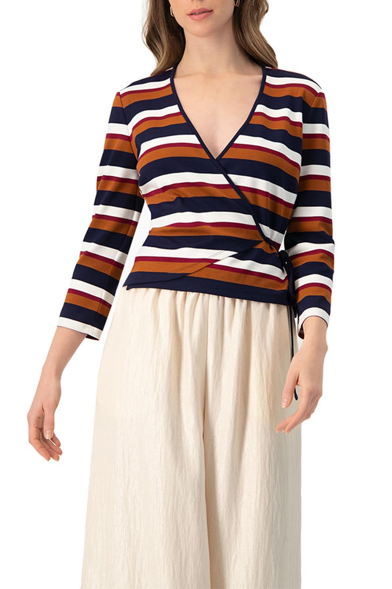 V-Neck Wrap Blouse with Color Block Stripes, Main, color, Multi-Brown