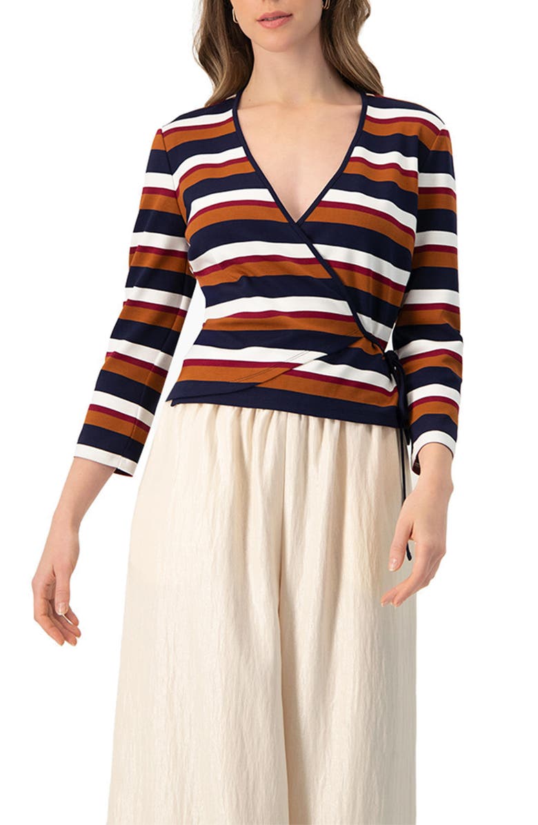 IVONNE V-Neck Wrap Blouse with Color Block Stripes, Main, color, Multi-Brown