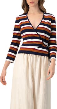 IVONNE V-Neck Wrap Blouse with Color Block Stripes