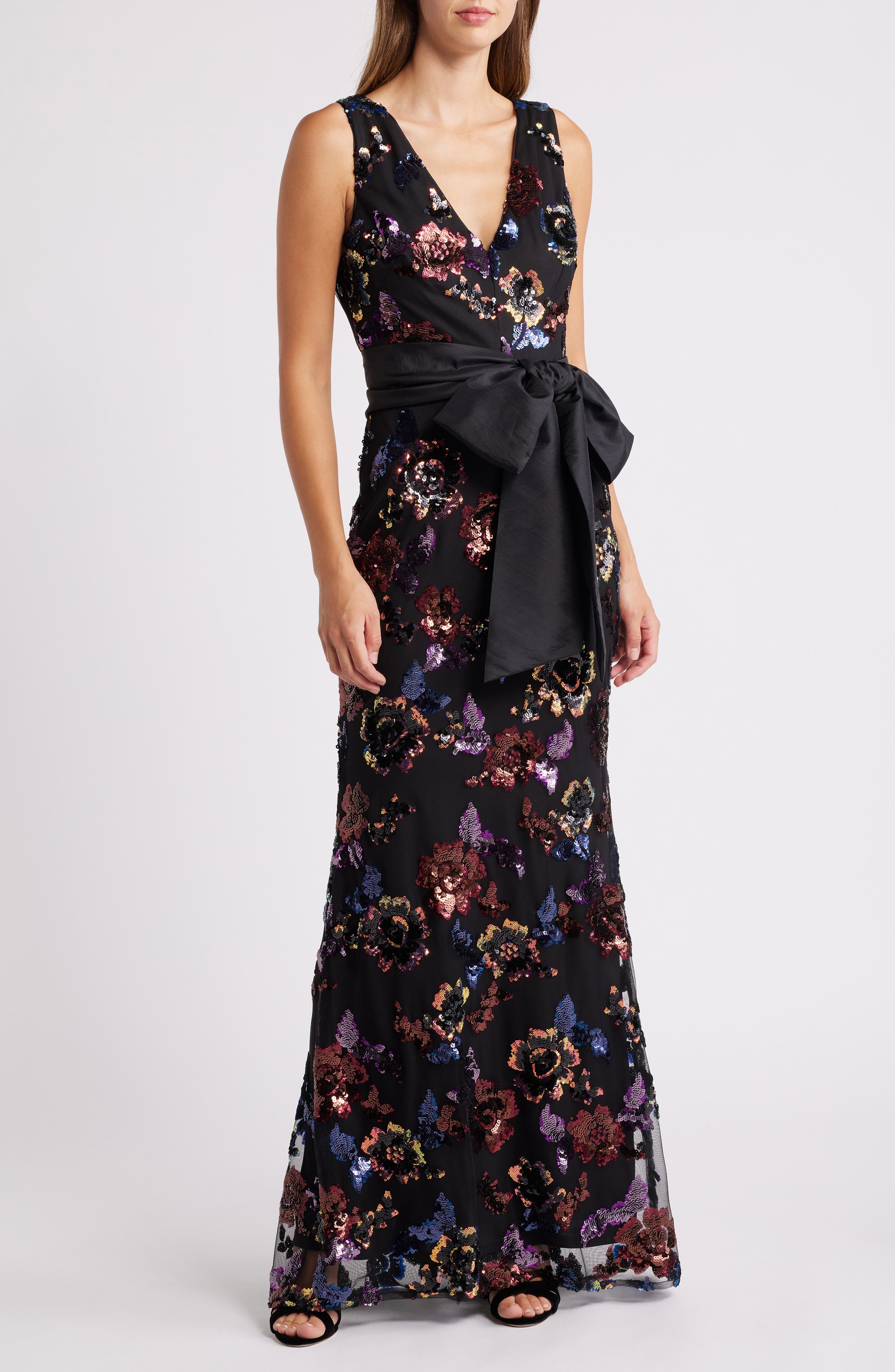 eliza sleeveless formal mermaid dress J Sequin Satin Bow Gown (Women) model is wearing a