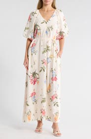 Ellen Tracy Floral Puff Sleeve Maxi Dress