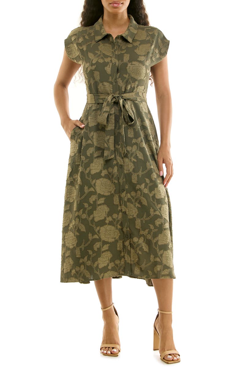 Nina Leonard Floral Cap Sleeve Shirtdress, Main, color, Dusty Sage