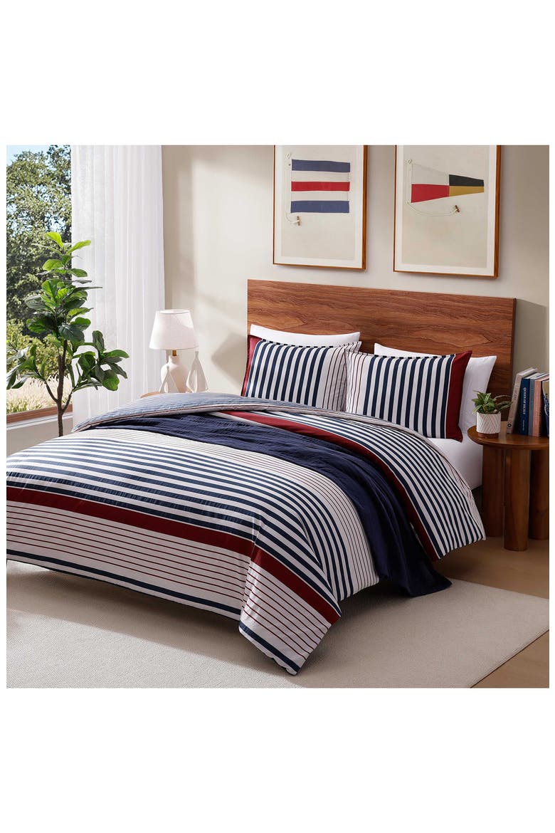 Brooklyn Stripe Duvet Cover & Shams Set, Alternate, color, BEIGE/ BLUE/ RED