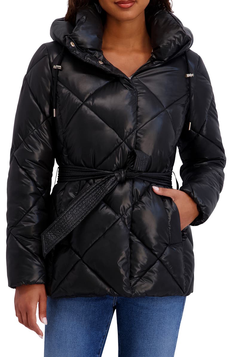 Kensie Belted Diamond Quilted Puffer Coat, Main, color, Black