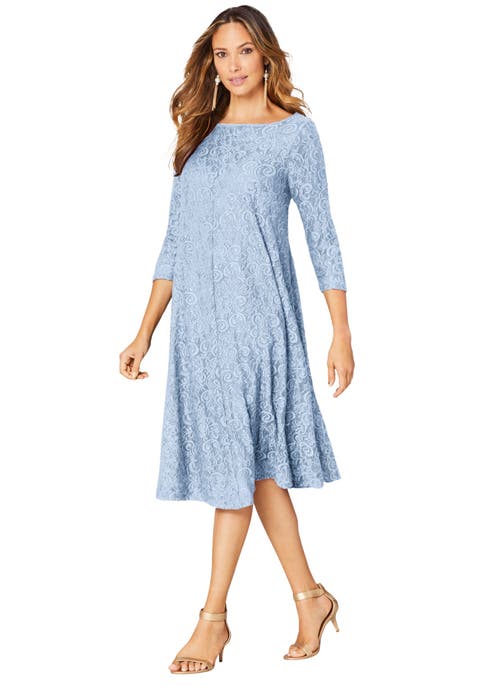 Plus Size 3/4 Sleeve Boatneck Lace Swing Dress