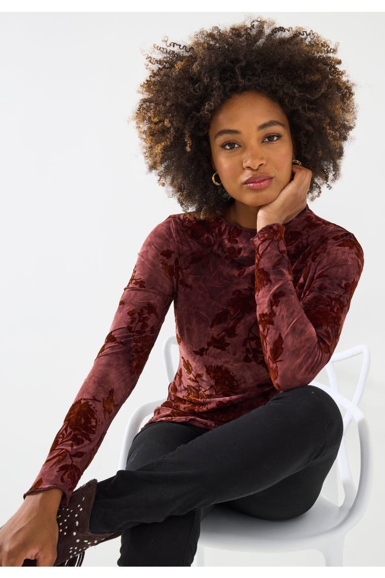 Burnout Mock Neck Tee, Main, color, MAHOGANY VINES