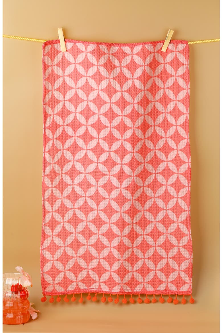 Bright Geometric Pompom Set of 3 Cotton Kitchen Towels, Alternate, color, HOT PINK/ ORANGE/ CO