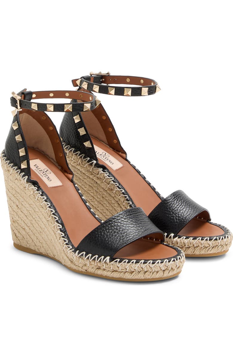 Valentino Rockstud Espadrille Wedge Sandal, Main, color, Natural/ Black