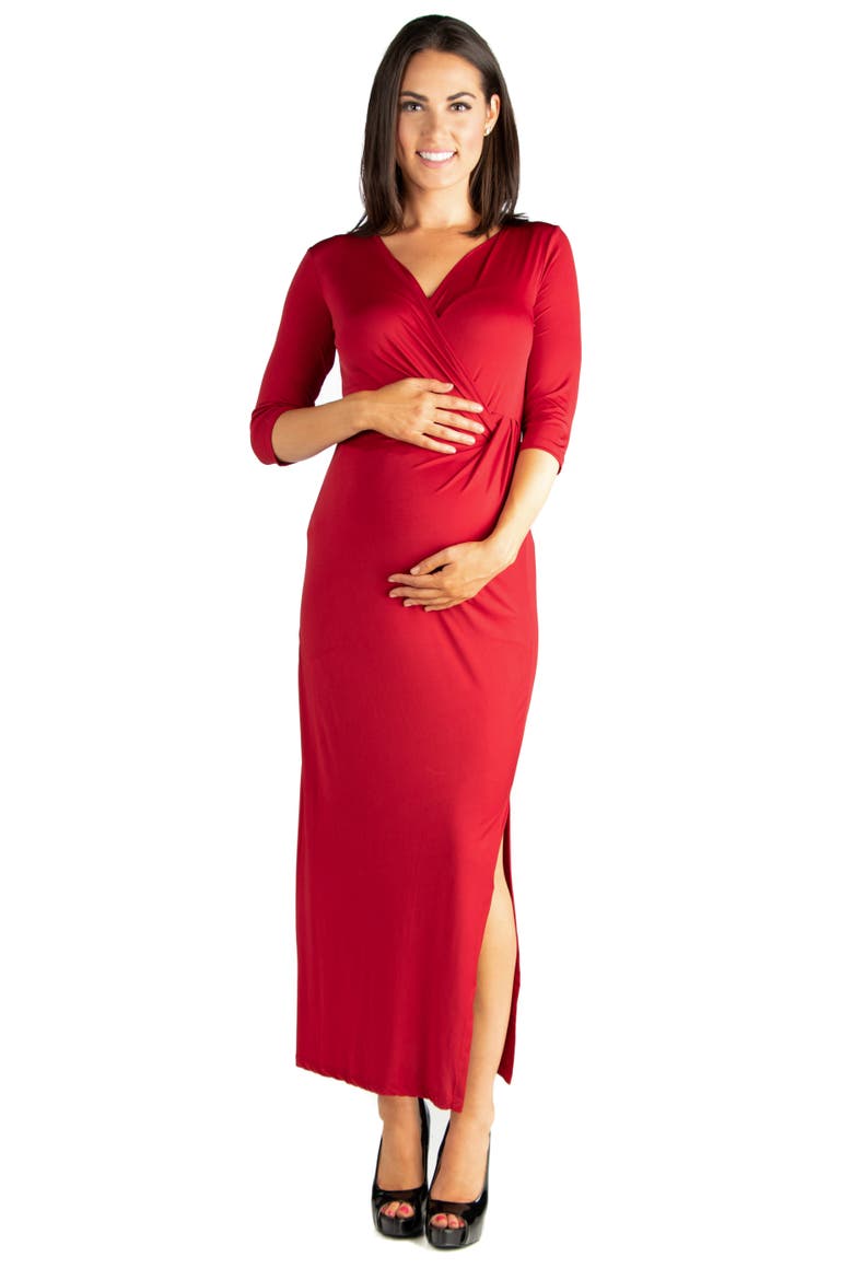 Fitted V-neck Side Slit Maternity Maxi Dress, Main, color, Burgundy