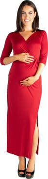 24seven Comfort Apparel Fitted V-neck Side Slit Maternity Maxi Dress