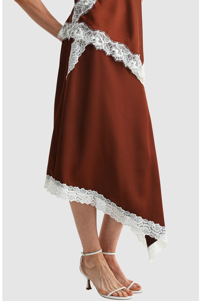 Lace Trim Asymmetric Satin Midi Skirt, Alternate, color, BROWN CREAM