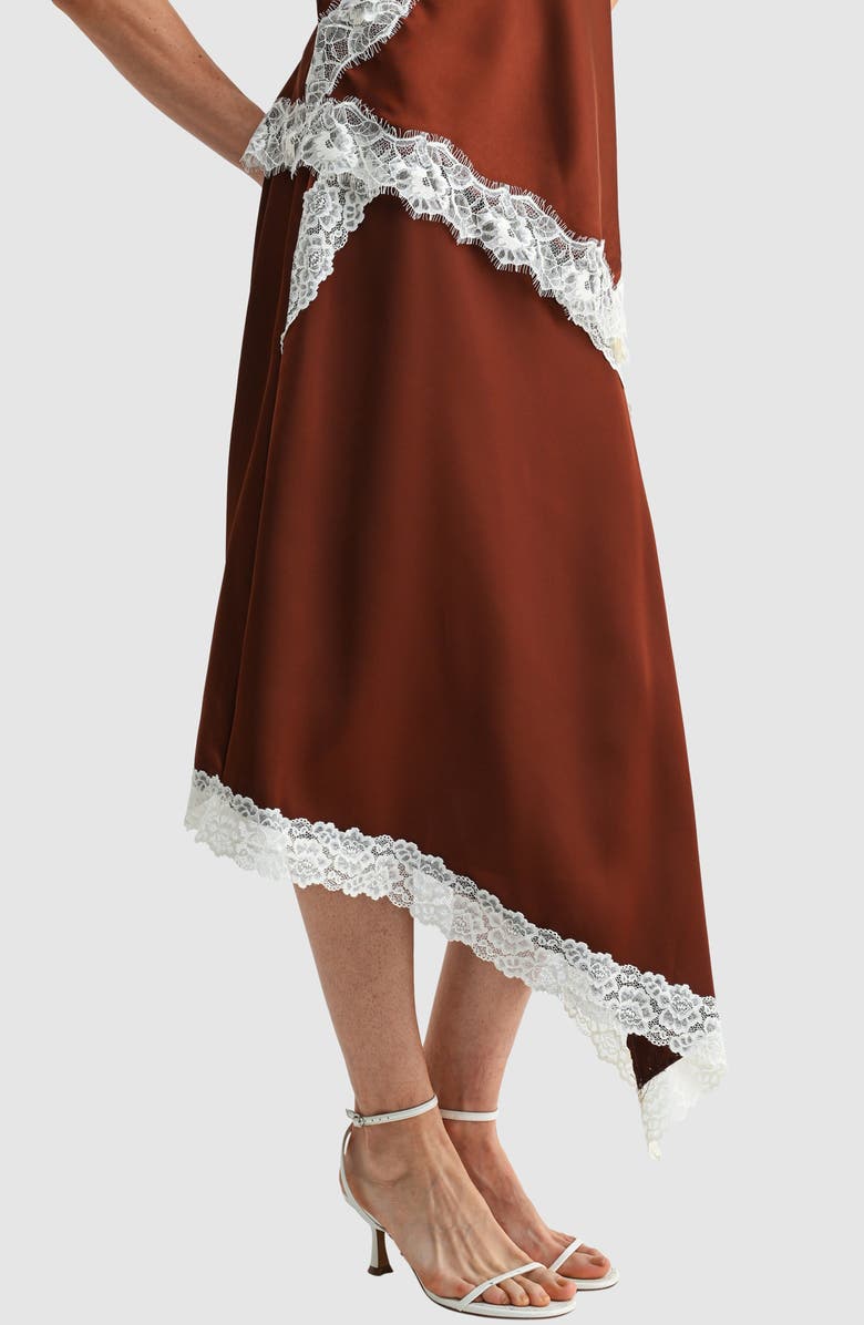 Lush Lace Trim Asymmetric Satin Midi Skirt, Alternate, color, Brown Cream