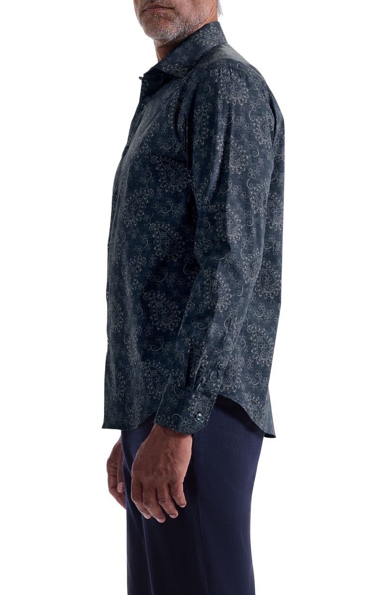 Bugatchi Axel Trim Fit Paisley Stretch Cotton Button-Up Shirt, Alternate, color, Navy