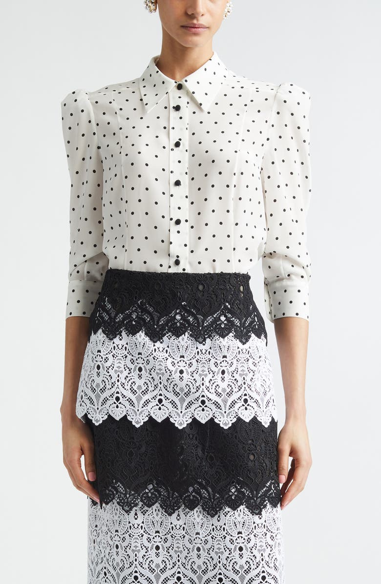 Carolina Herrera Polka Dot Silk Button-Up Shirt, Main, color, Ivory Multi