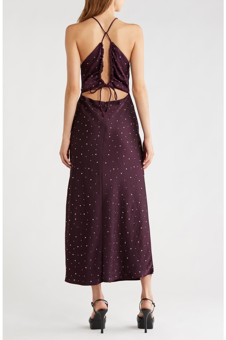 Halley Rhinestone Open Back Satin Midi Dress, Alternate, color, DEEP PURPLE