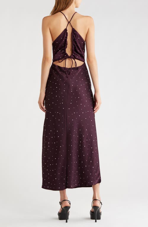 Astr The Label Halley Rhinestone Open Back Satin Midi Dress In Purple