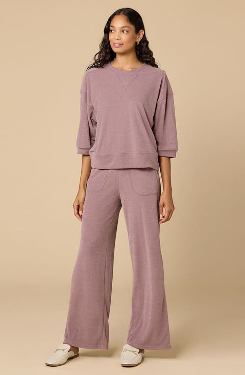 Terry Cropped Sleeve Crew Neck with Wide Leg Pant