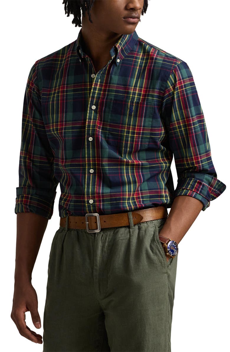 Polo Ralph Lauren Madras Plaid Performance Button-Down Shirt, Main, color, Navy Red Multi