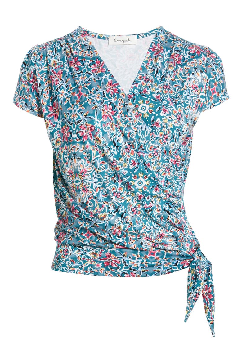 Print Wrap Top, Alternate, color, TEAL ROSE