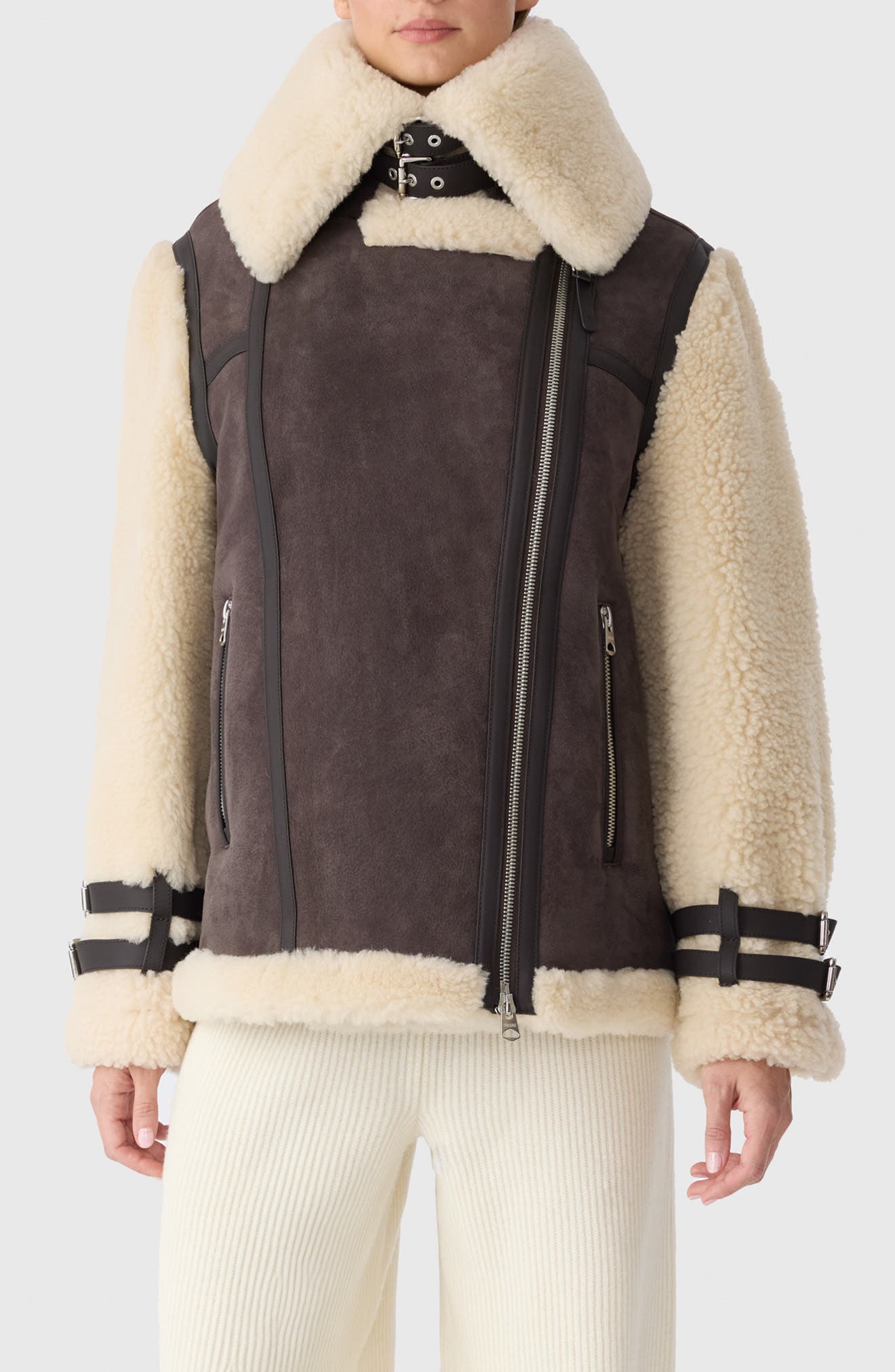 Rhoslyn Oversize Genuine Shearling Moto Jacket