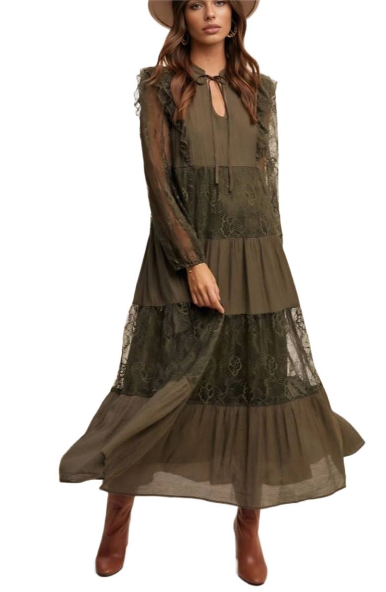 Knit and Lounge Lace Tiered Tie Detail Bishop Sleeve Maxi Dress, Main, color, 