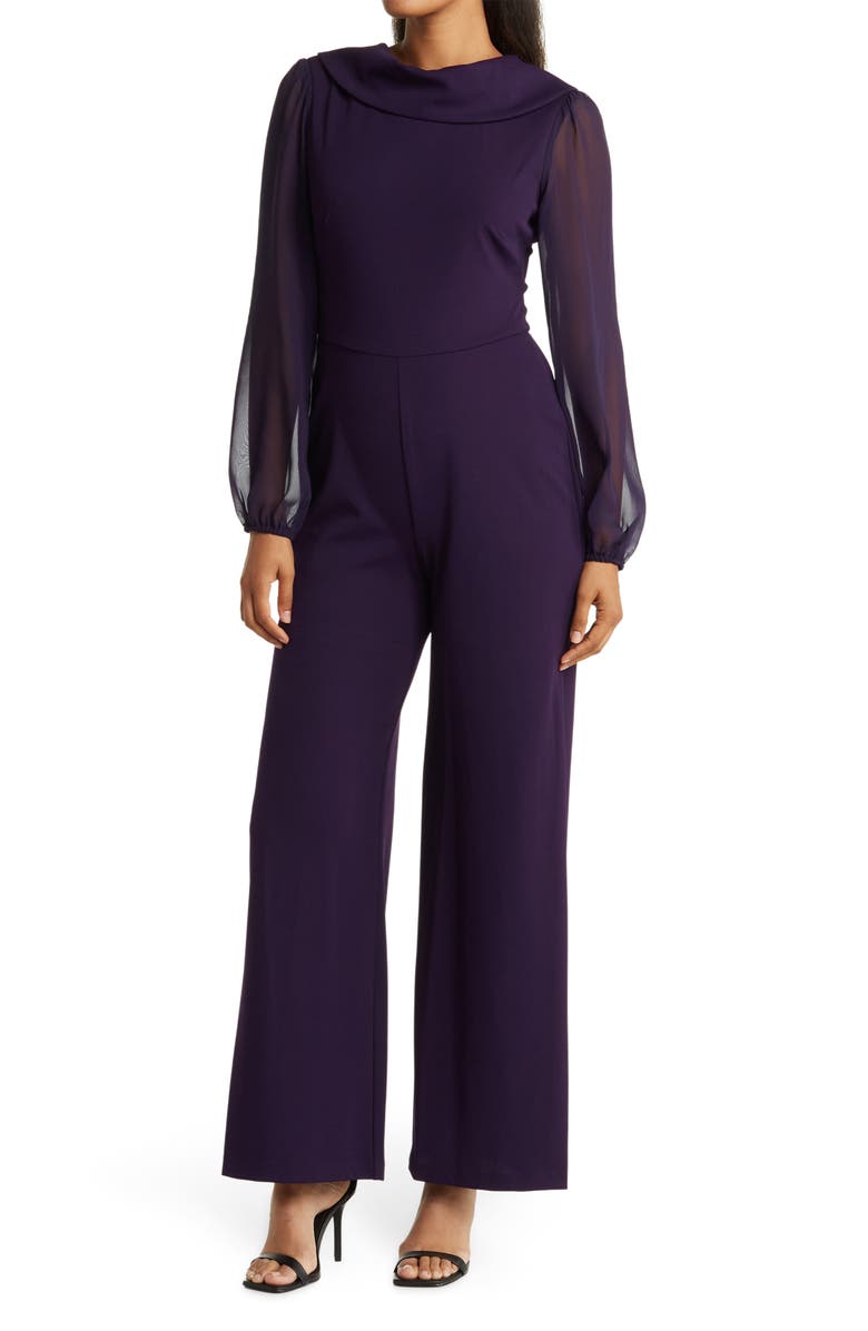 Connected Apparel Chiffon Long Sleeve Jumpsuit, Main, color, Eggplant