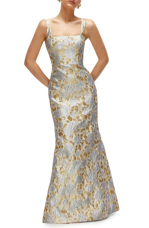 Metallic Floral Brocade Trumpet Gown