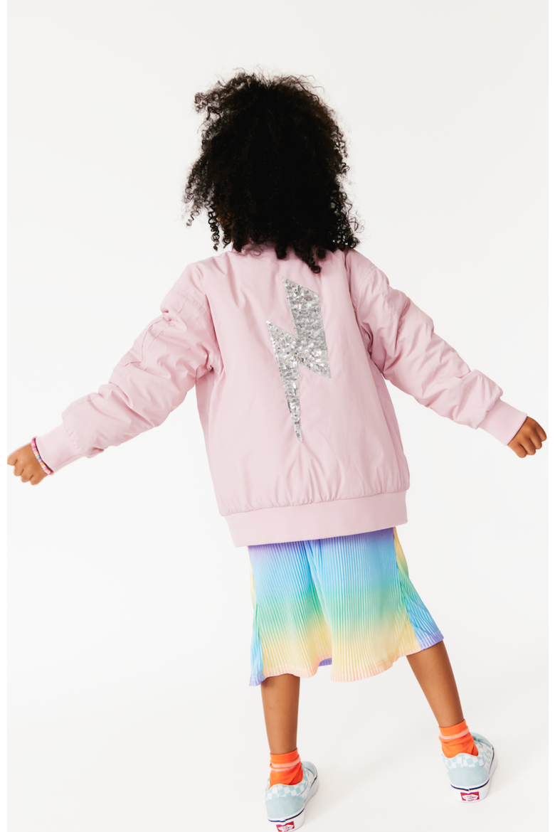 Girls' Sequin Lightning Bolt Bomber Jacket, Alternate, color, Light Pink