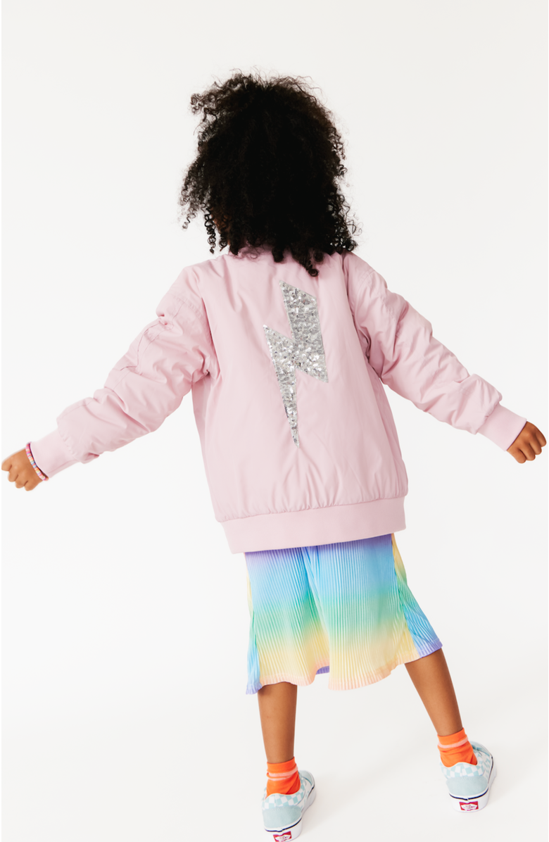 Little Chicken Girls' Sequin Lightning Bolt Bomber Jacket, Alternate, color, Light Pink