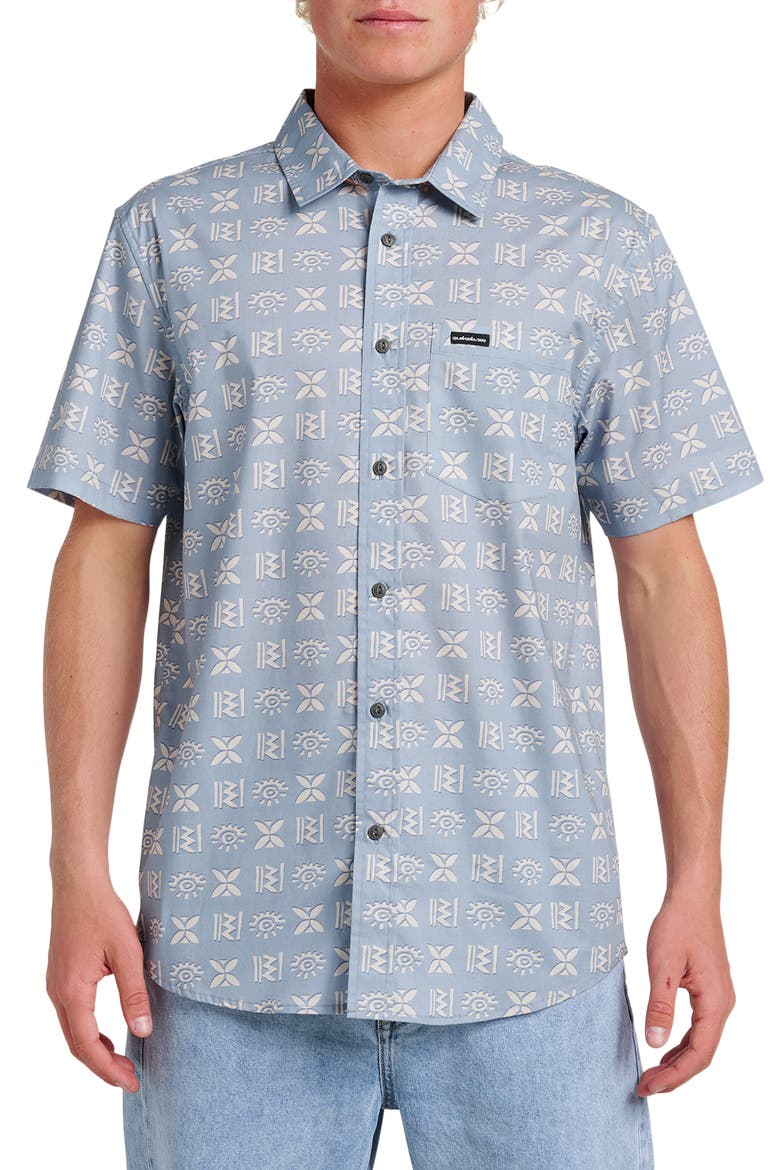 Stone Etch Classic Fit Short Sleeve Stretch Cotton Button-Up Shirt, Main, color, ASHLEY BLUE