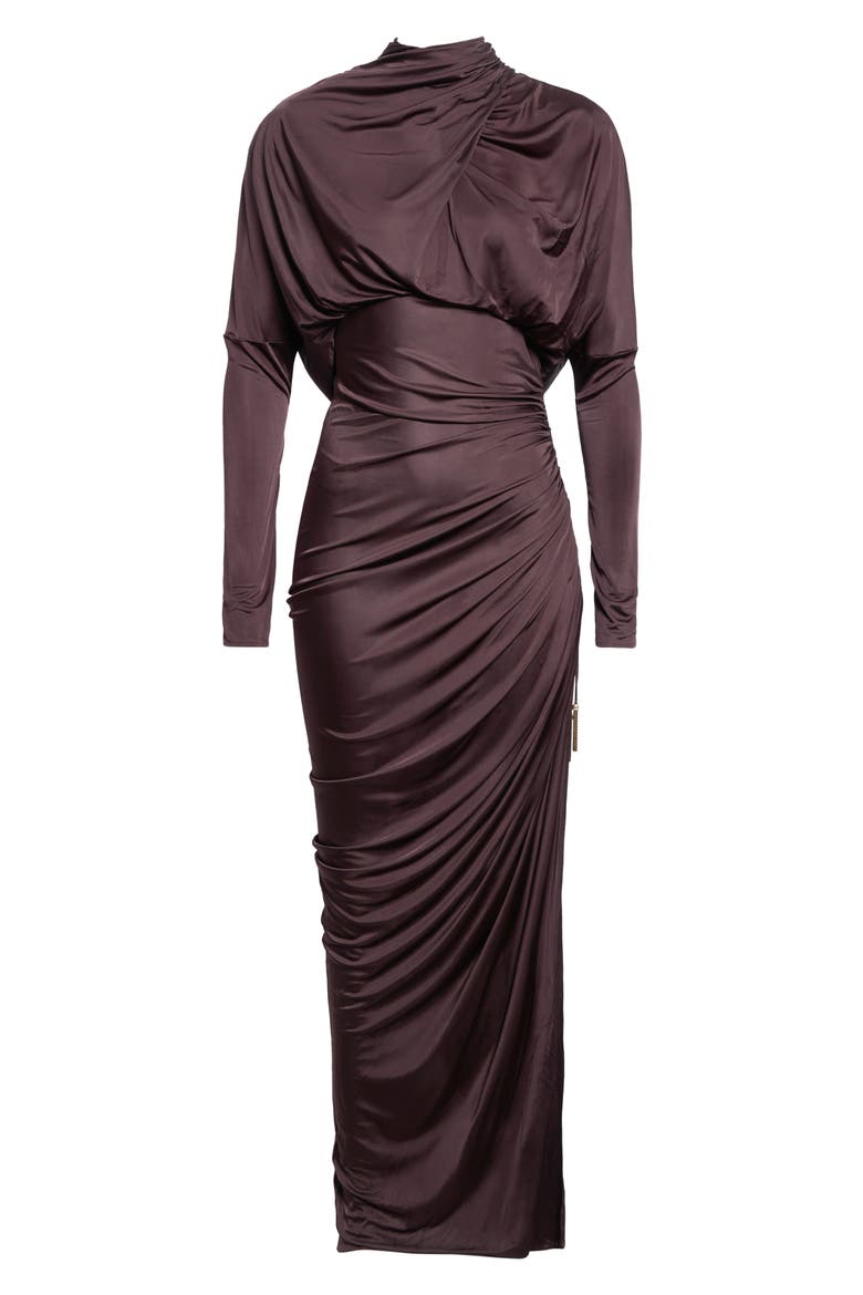 Open Back Ruched Viscose Jersey Gown, Alternate, color, A51 BROWN
