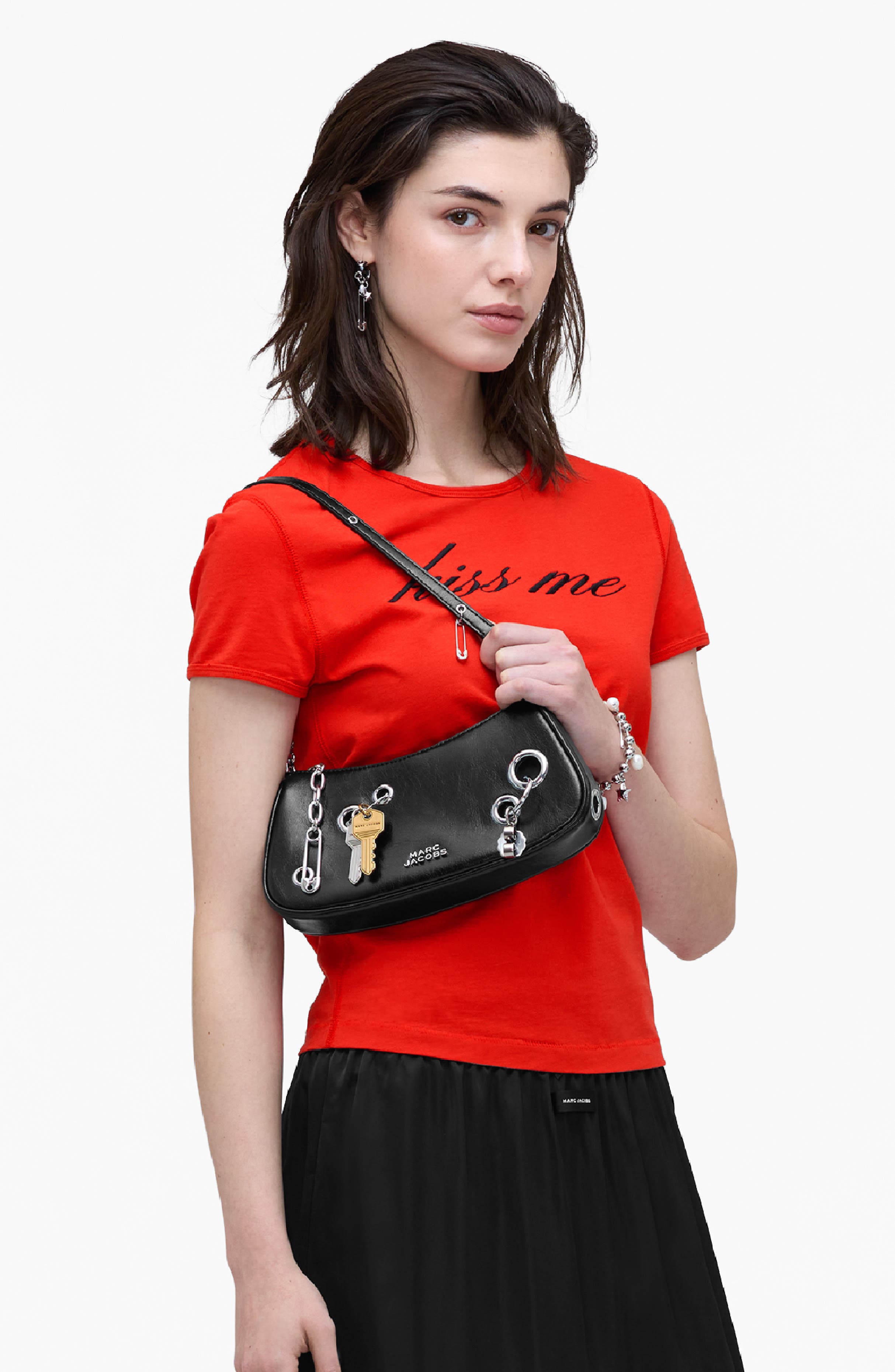 Marc Jacobs The Grommet Charm Leather Shoulder Bag, Alternate, color, Black