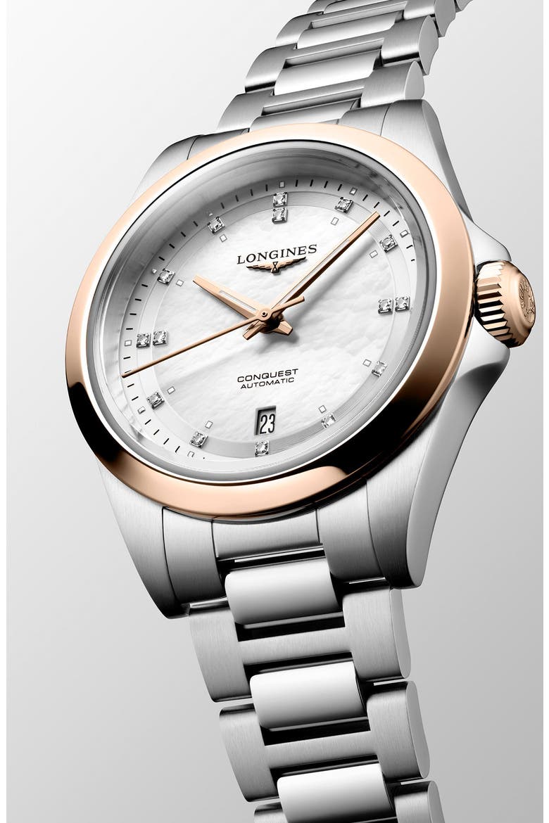 Conquest 18K Rose Gold Bezel, Mother-of-Pearl & Diamond Automatic Bracelet Watch, 30mm, Alternate, color, WHITE MOTHER-OF-PEARL