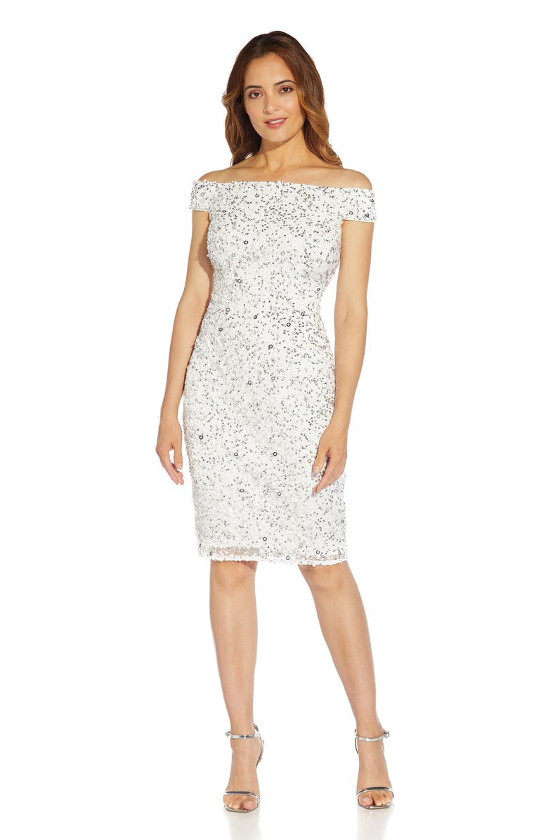 Adrianna Papell Beaded Off the Shoulder Mesh Cocktail Dress, Alternate, color, Ivory