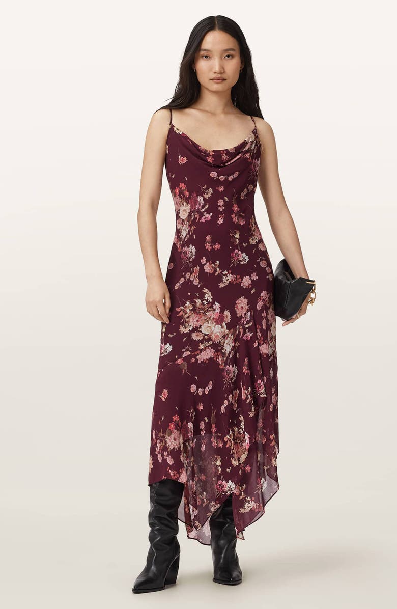 AllSaints Charlotte Floral Handkerchief Hem Midi Dress, Alternate, color, Armada Wine Red
