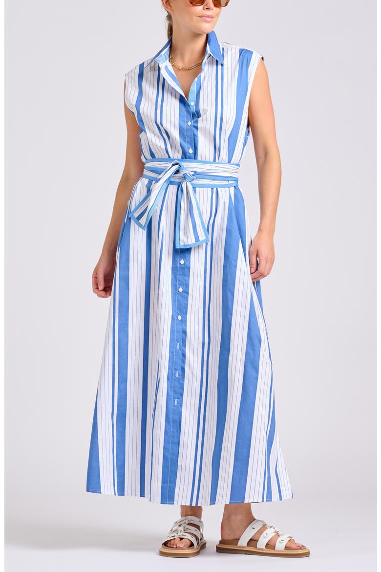 Sleeveless Tie Waist Shirtdress, Main, color, AZURE RETRO STRIPE