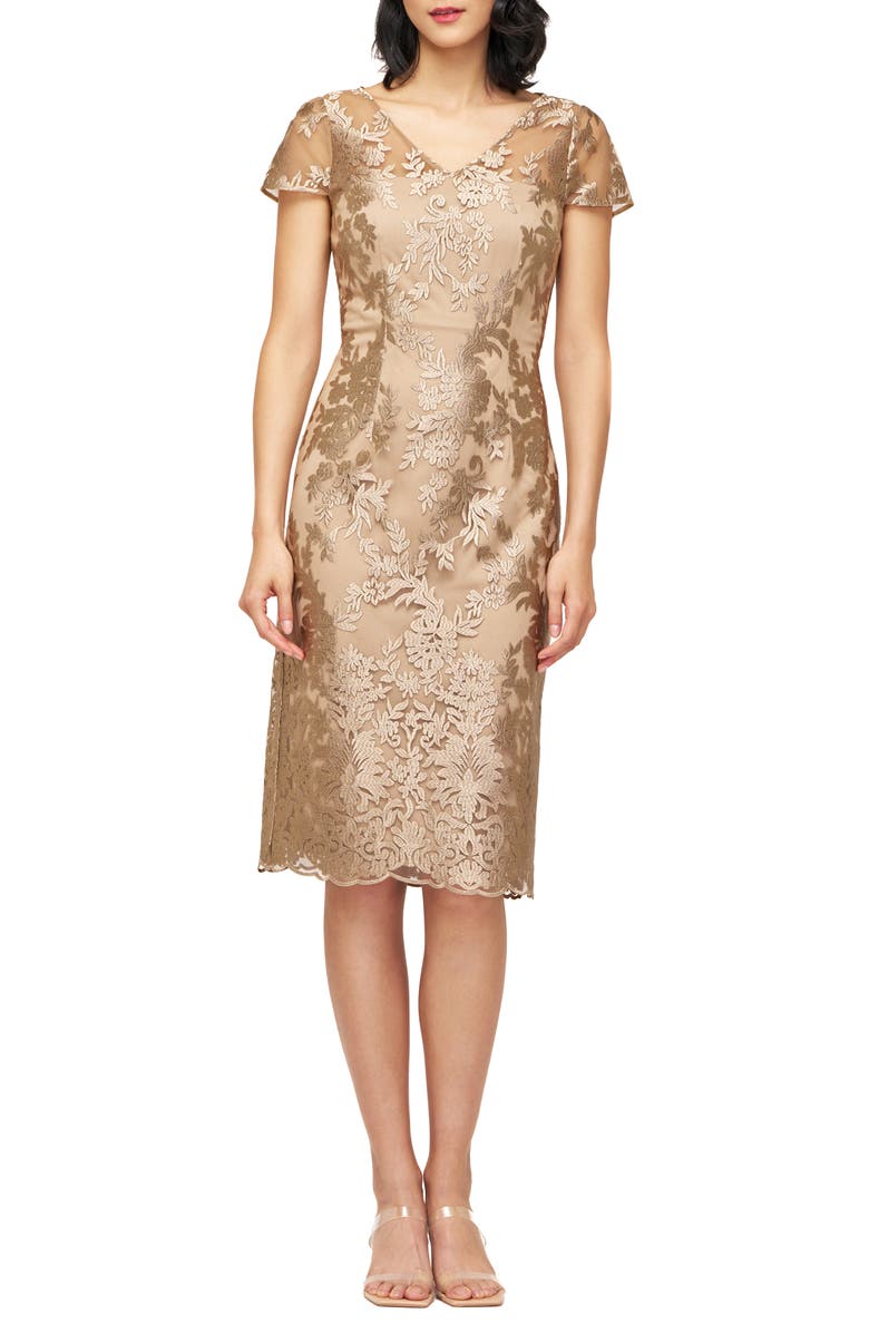 JS Collections Aviva Floral Embroidery Cocktail Dress, Main, color, Almond Buff