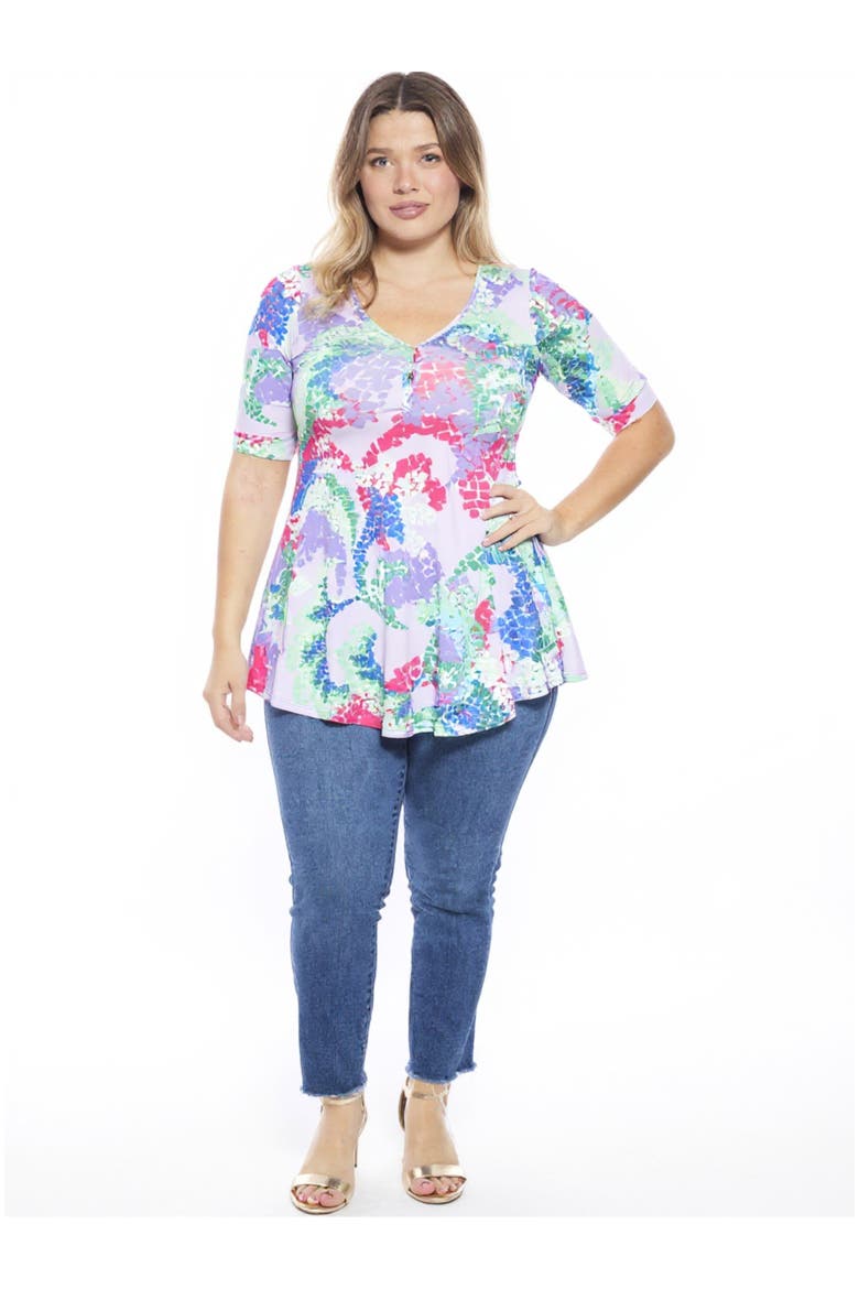 Plus Size Abstract V-Neck Elbow Sleeve Henley Tunic Top, Main, color, Purple Multi