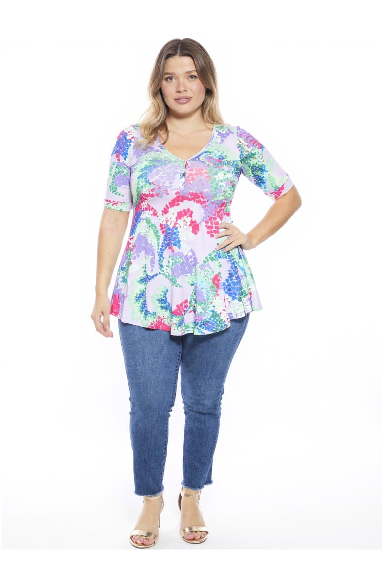 24seven Comfort Apparel Plus Size Abstract V-Neck Elbow Sleeve Henley Tunic Top, Main, color, Purple Multi